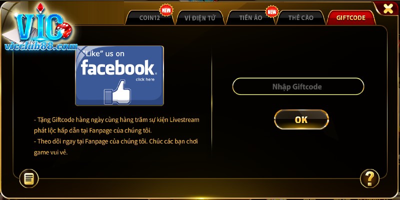 Sân chơi hỗ trợ nạp tiền Vicclub qua giftcode 